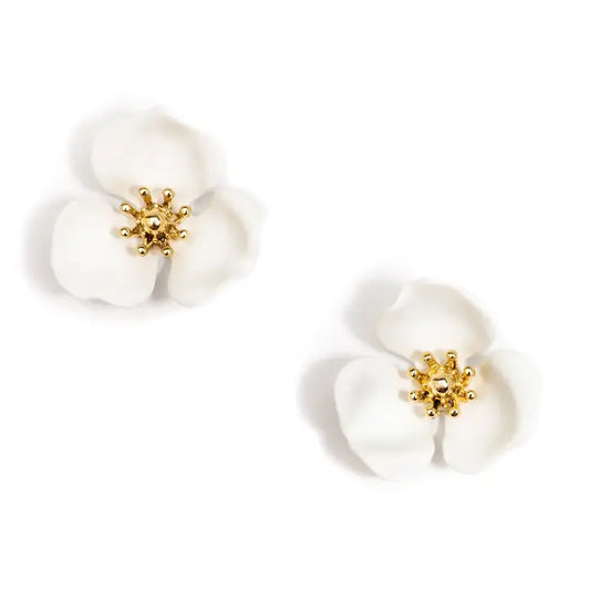 zenzii White colorful blossom post earrings with white flower petals and gold bead center on a white background