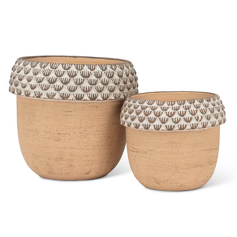 Two acorn-shaped ceramic planters in different sizes, featuring a textured natural tan body and a patterned band with brown and beige scalloped shapes around the rim.