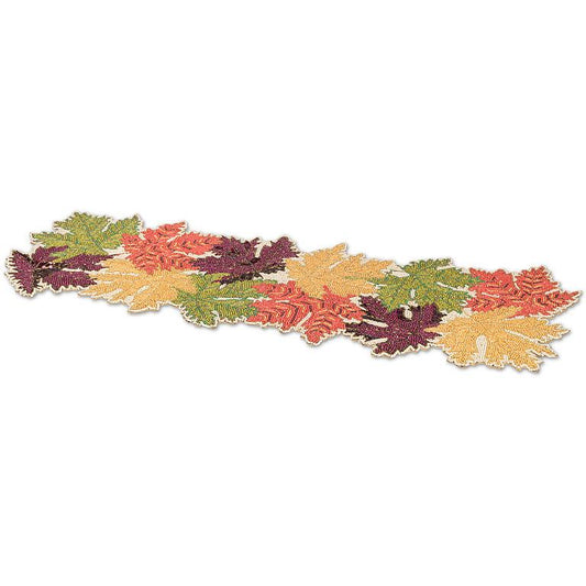 Decorative beaded table runner with autumn leaf pattern on a white background