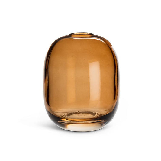 Amber glass barrel shaped vase on a white background