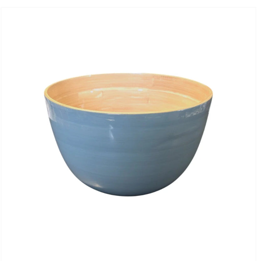 A round bamboo serving bowl with a glossy dove blue exterior and a natural light wood bamboo interior, shown against a plain white background.