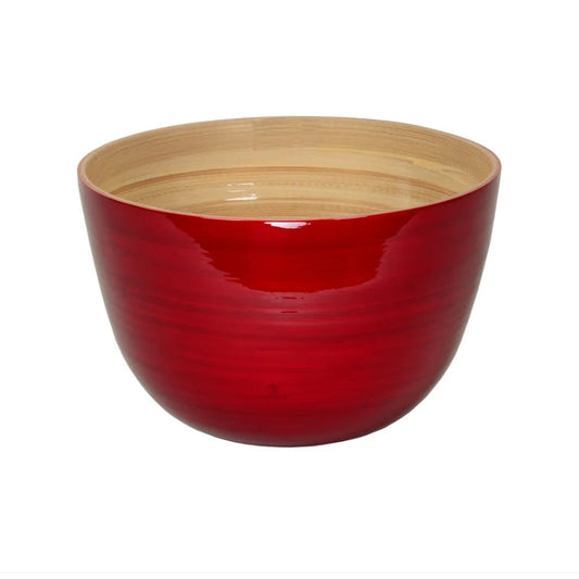 A round bamboo serving bowl with a glossy red exterior and a natural light wood bamboo interior, shown against a plain white background.