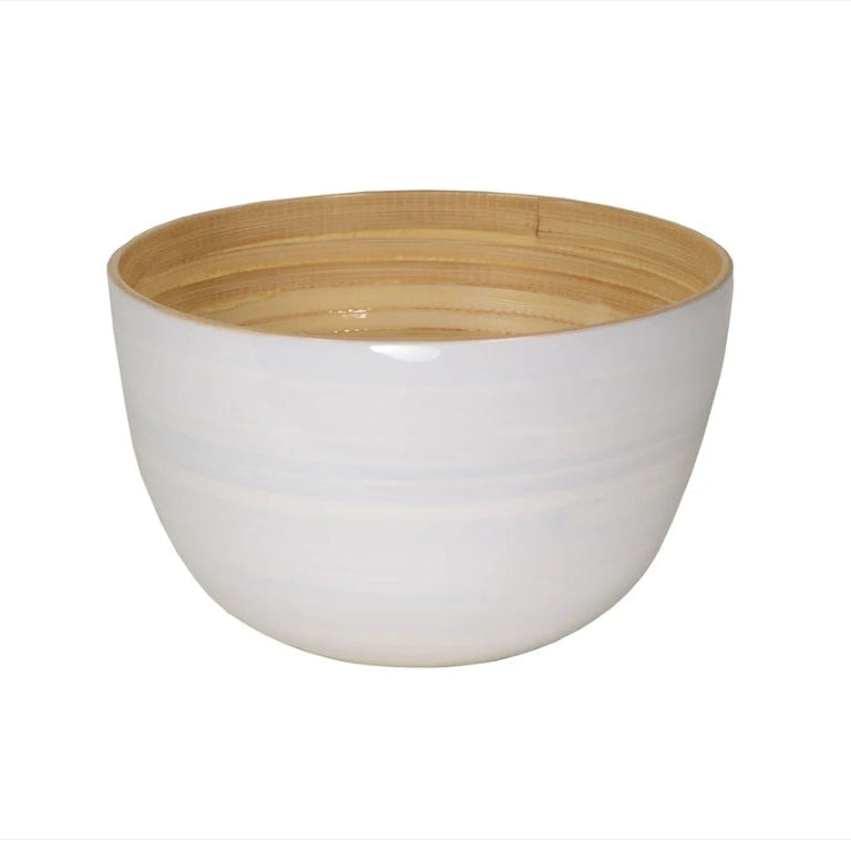 A round bamboo serving bowl with a glossy white exterior and a natural light wood bamboo interior, shown against a plain white background.