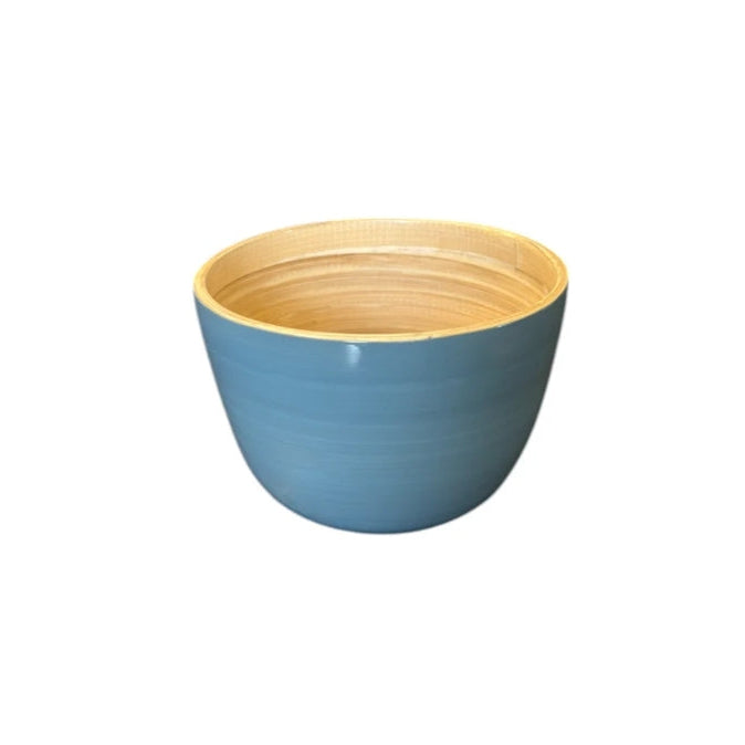 A round bowl with a blue exterior and a natural bamboo wood interior, shown against a plain white background.