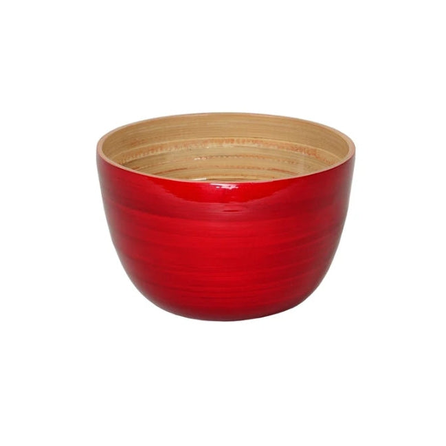 A small round bamboo bowl with a glossy red exterior and a natural light wood interior, shown against a plain white background.