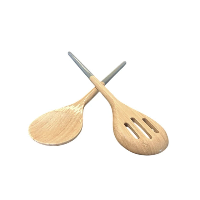 Two wooden salad serving spoons crossed over each other on a plain white background. One spoon has a smooth natural wood finish, and the other has three slots in the bowl, both with dove blue handles.