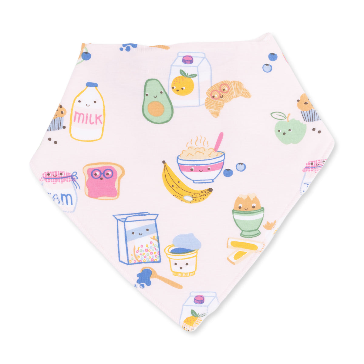 pink bandana bib with a pattern depicting breakfast foods in pastel colors