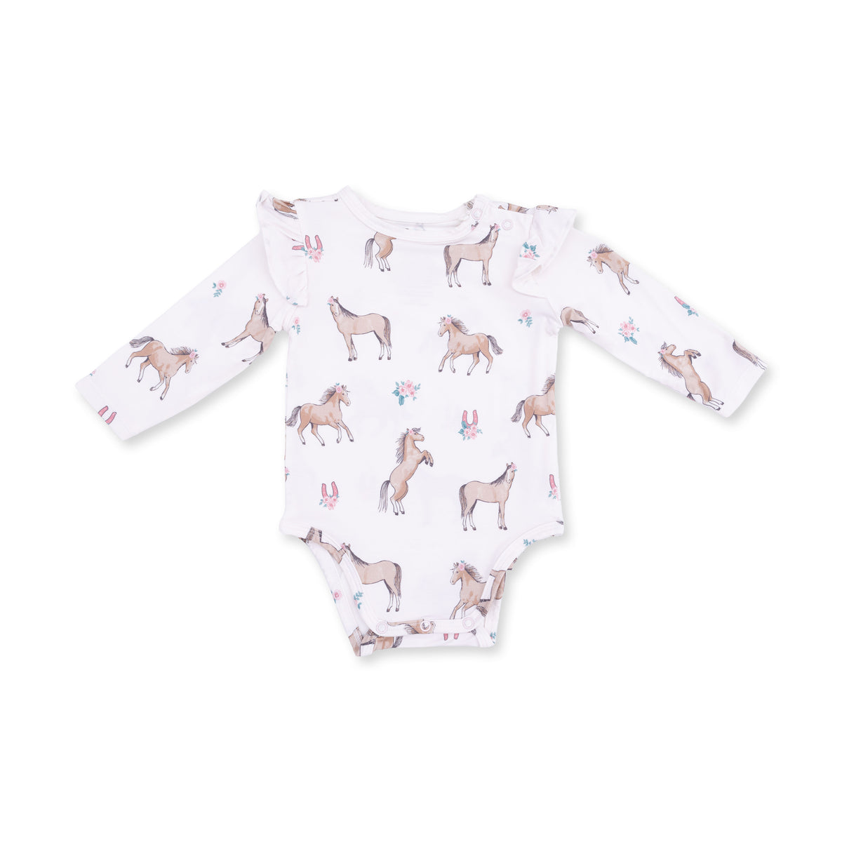 Baby onesie with horse and flower pattern on a white background