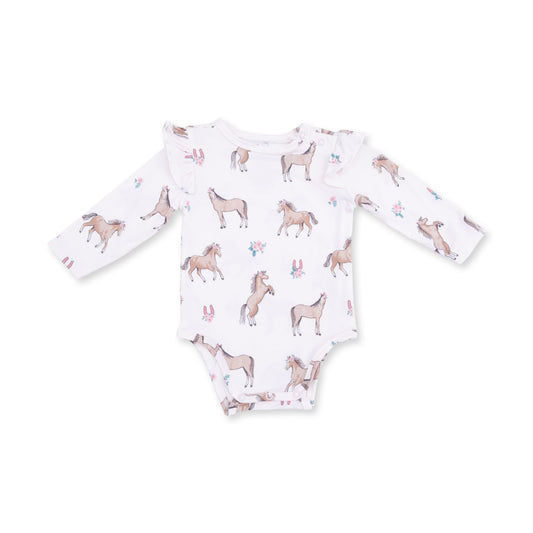 Baby onesie with horse and flower pattern on a white background