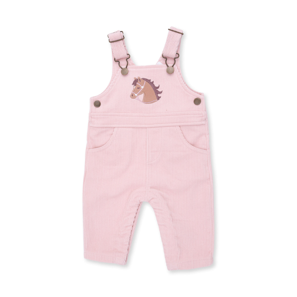Pink corduroy baby overalls with a horse applique on a white background