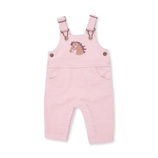 Pink corduroy baby overalls with a horse applique on a white background