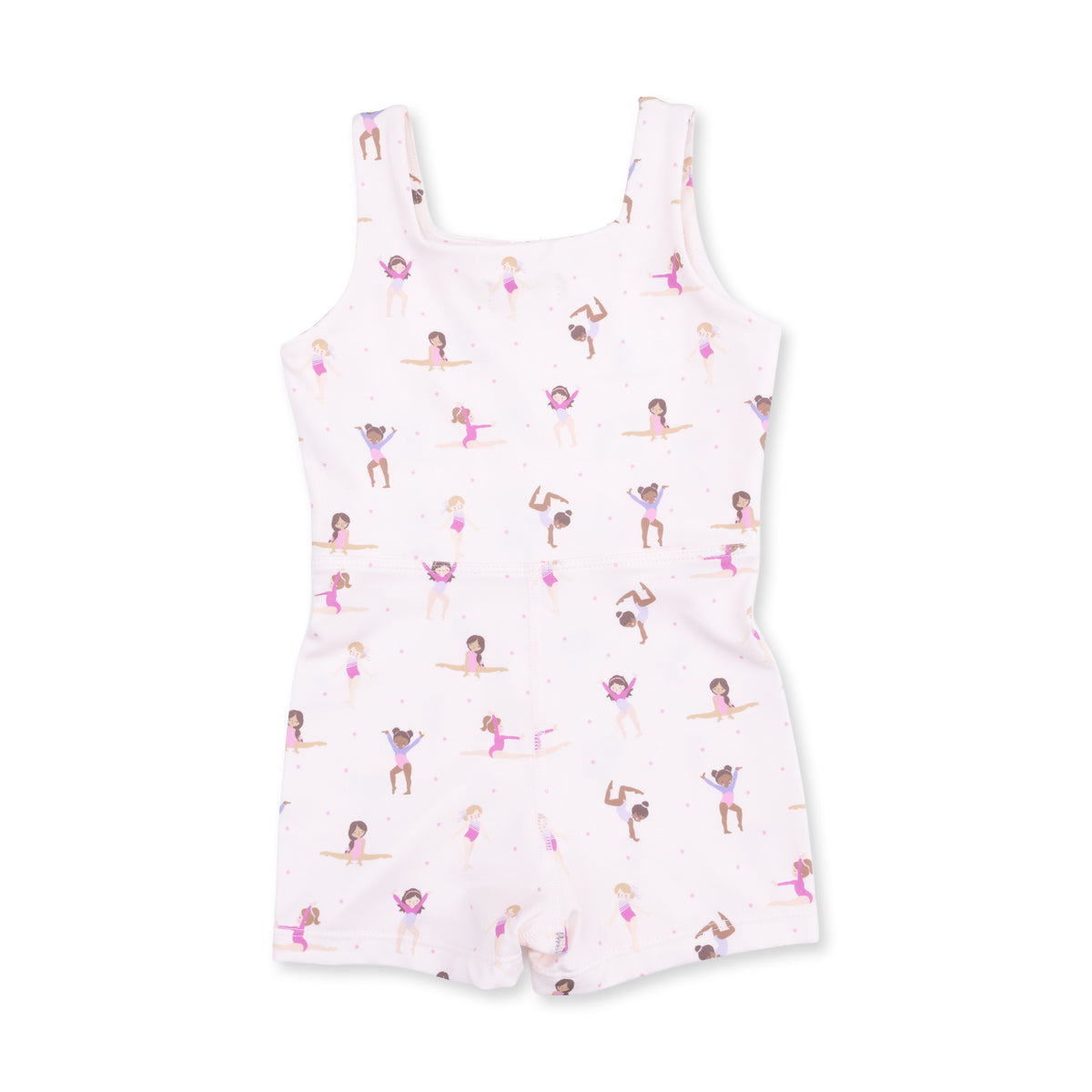 child's light pink activewear tumble suit with illustrations of girls in various tumbling moves