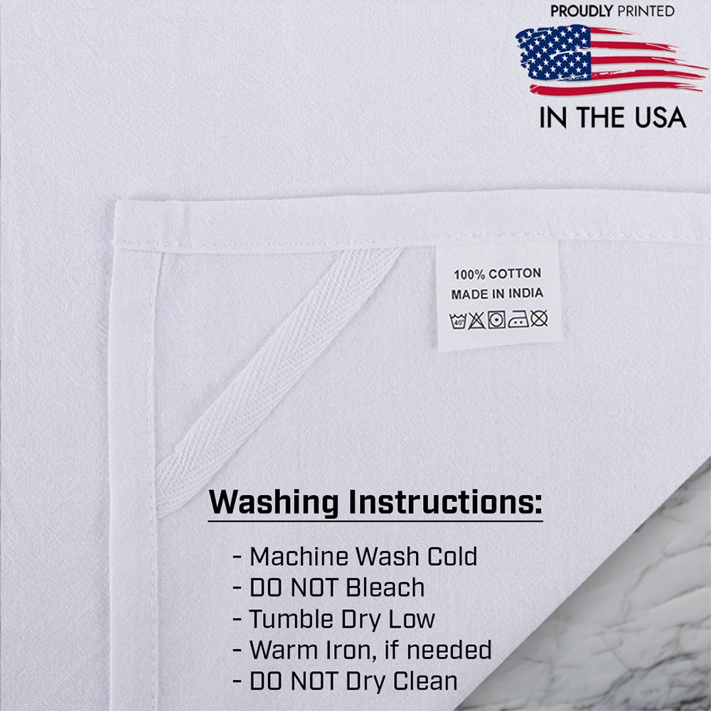 White tea towel with washing instructions and 'Proudly Printed in the USA' label.