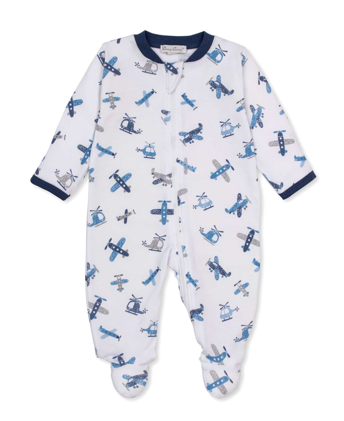 Baby footie with a blue and gray airplane and helicopter pattern on a white background