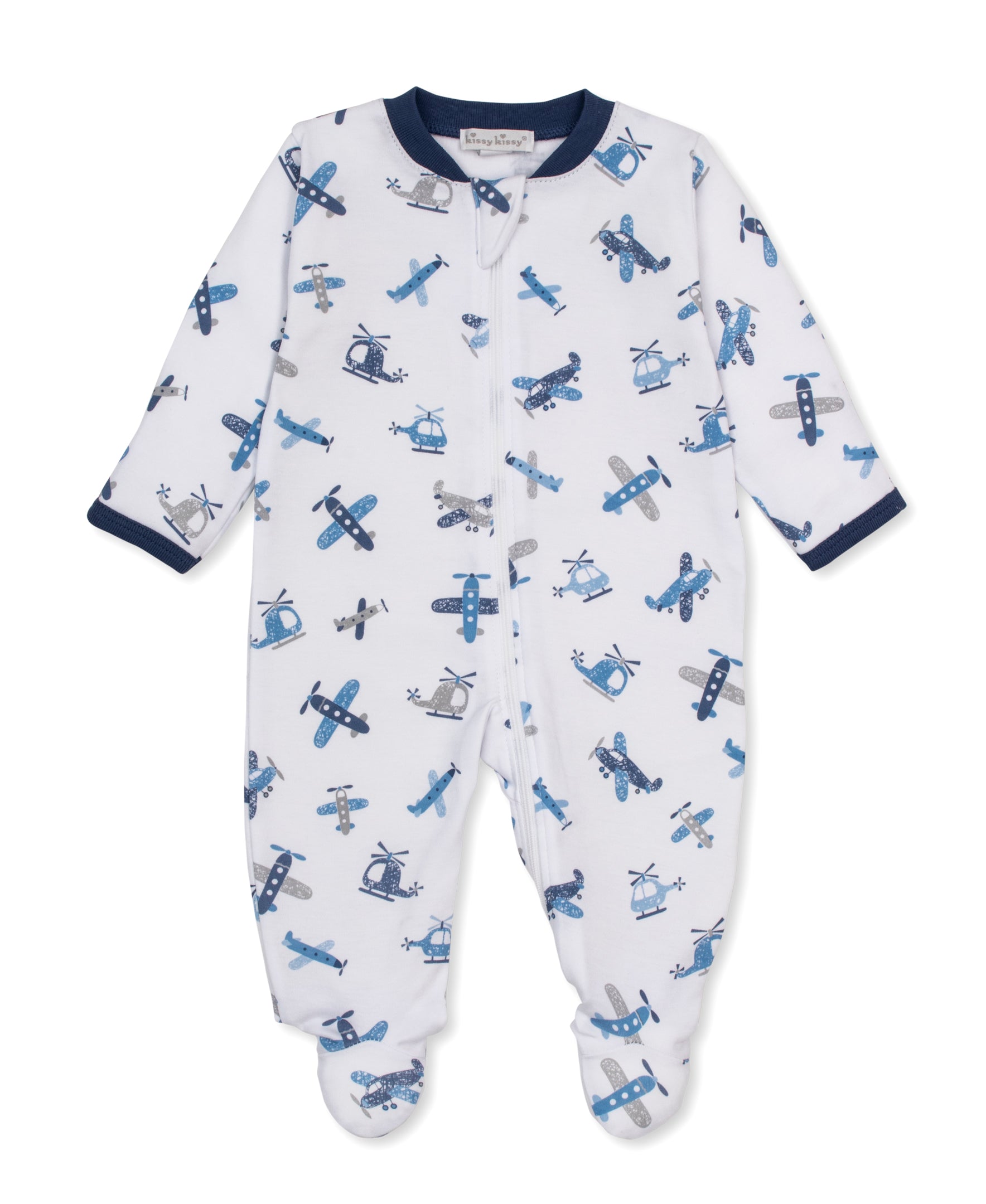 Baby footie with a blue and gray airplane and helicopter pattern on a white background