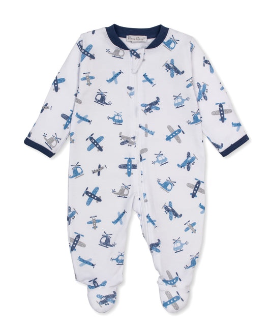 Baby footie with a blue and gray airplane and helicopter pattern on a white background