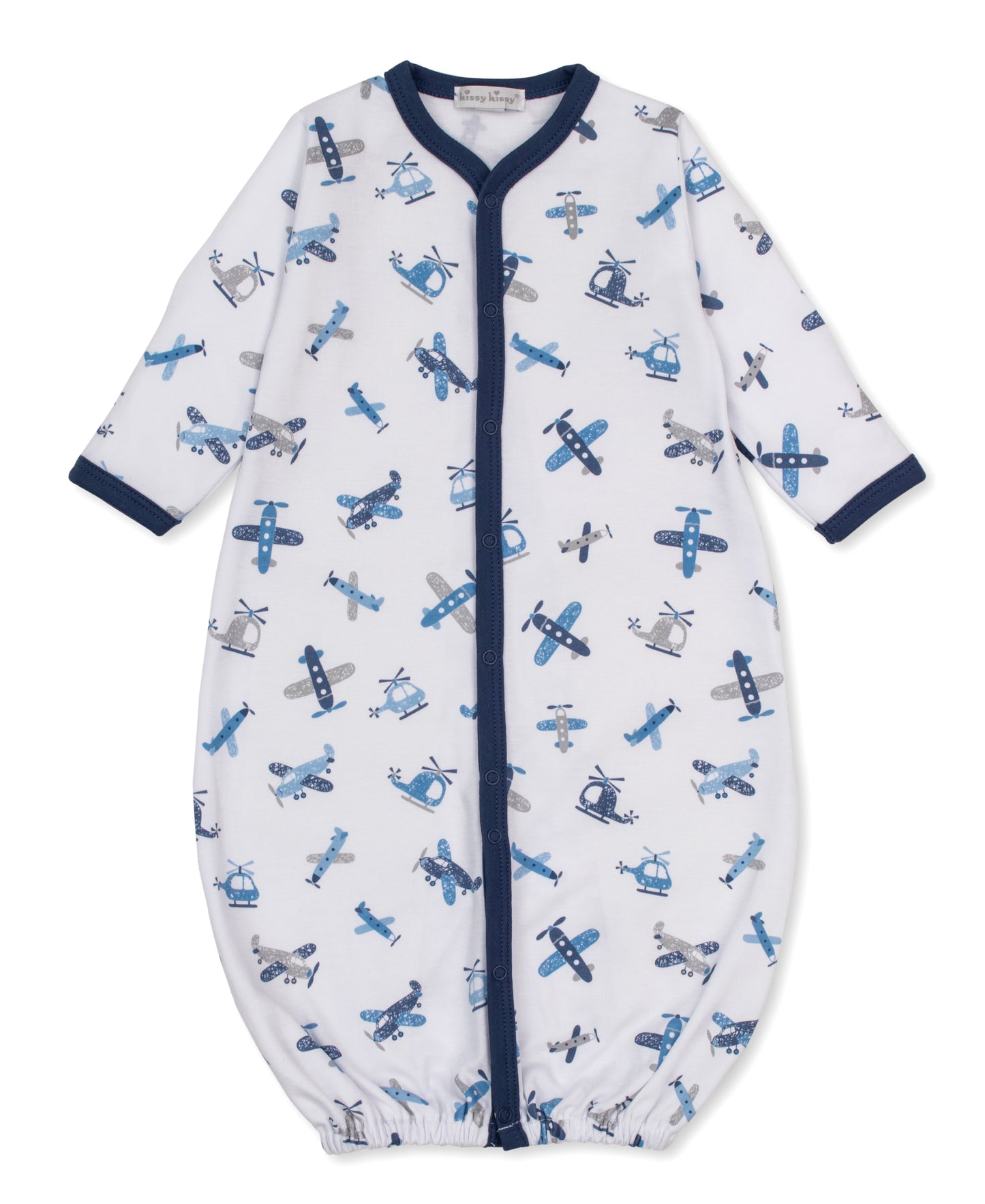 A baby convertible gown with a white background, featuring an all-over blue and gray airplane pattern, navy blue trim, and a front snaps.