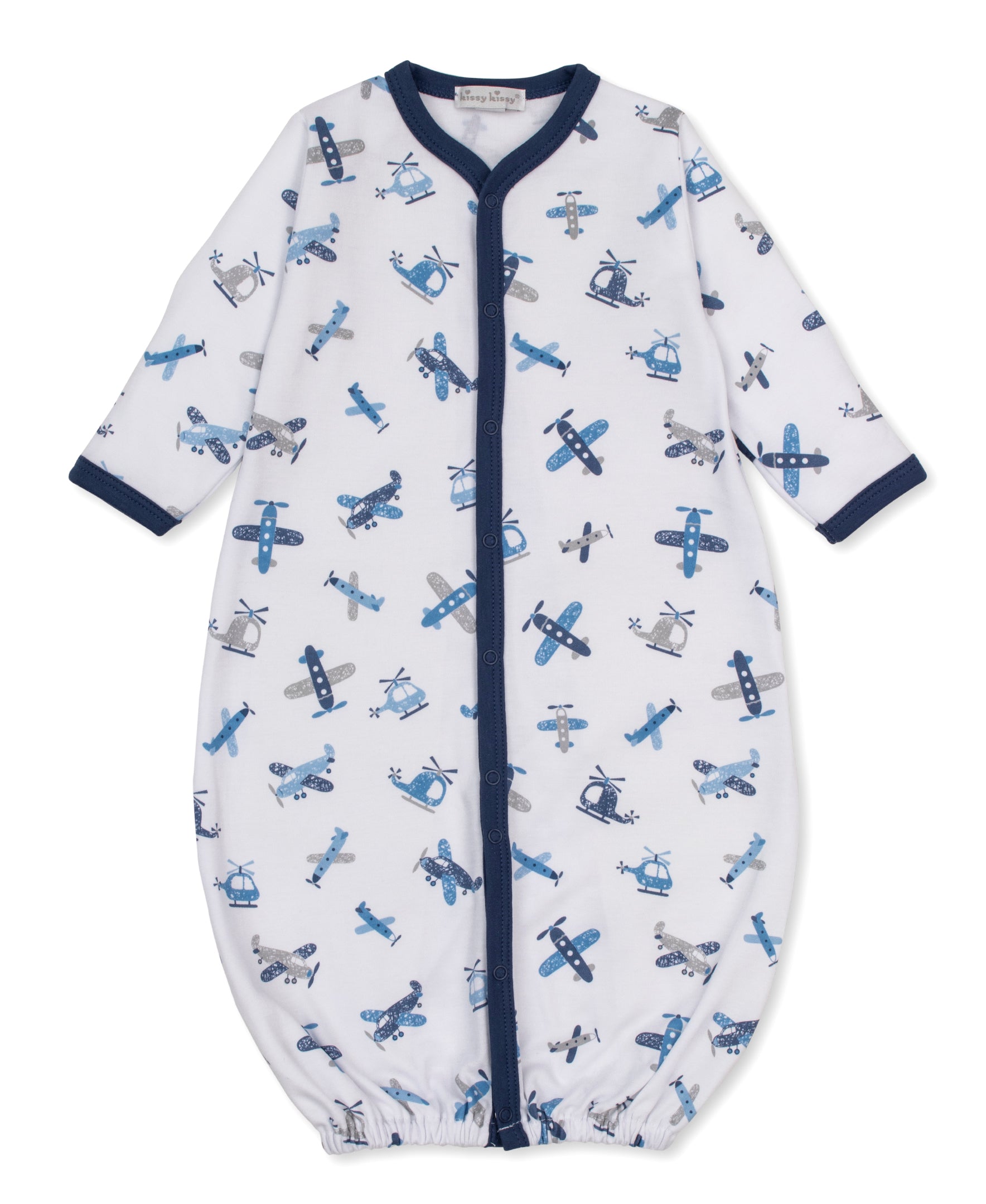 A baby convertible gown with a white background, featuring an all-over blue and gray airplane pattern, navy blue trim, and a front snaps.