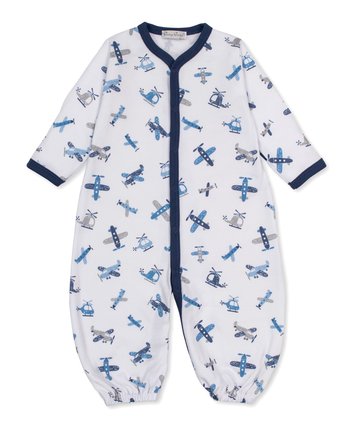 A baby footed sleeper in white with a blue and gray airplane print, featuring a navy blue collar, cuffs, and front snaps.