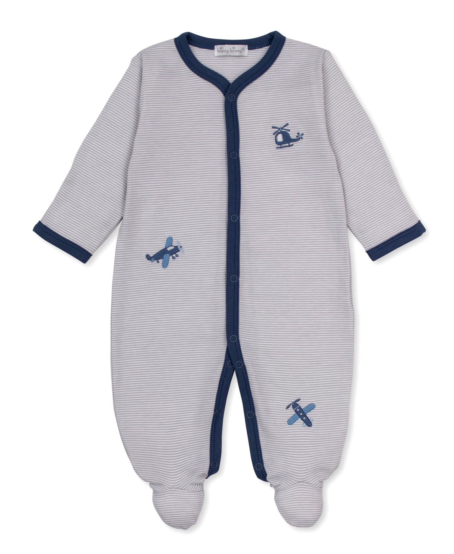 A baby footed sleeper in light gray and white stripes with navy blue trim and embroidered blue airplane motifs.
