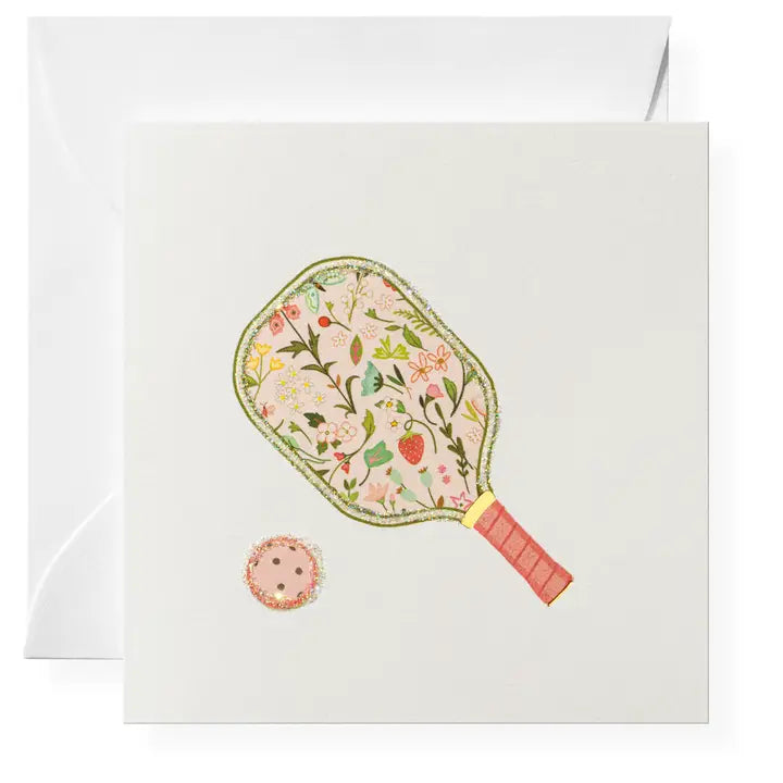 Greeting card with floral paddle and ball design on a white background