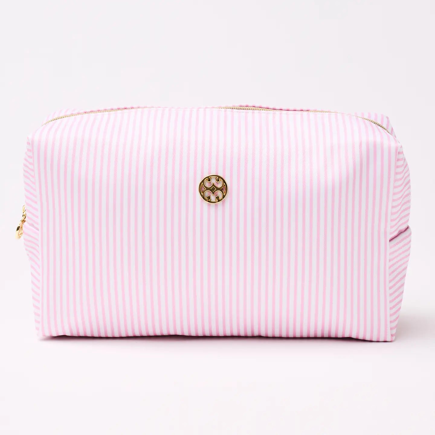 Pink striped toiletry bag with a gold zipper 