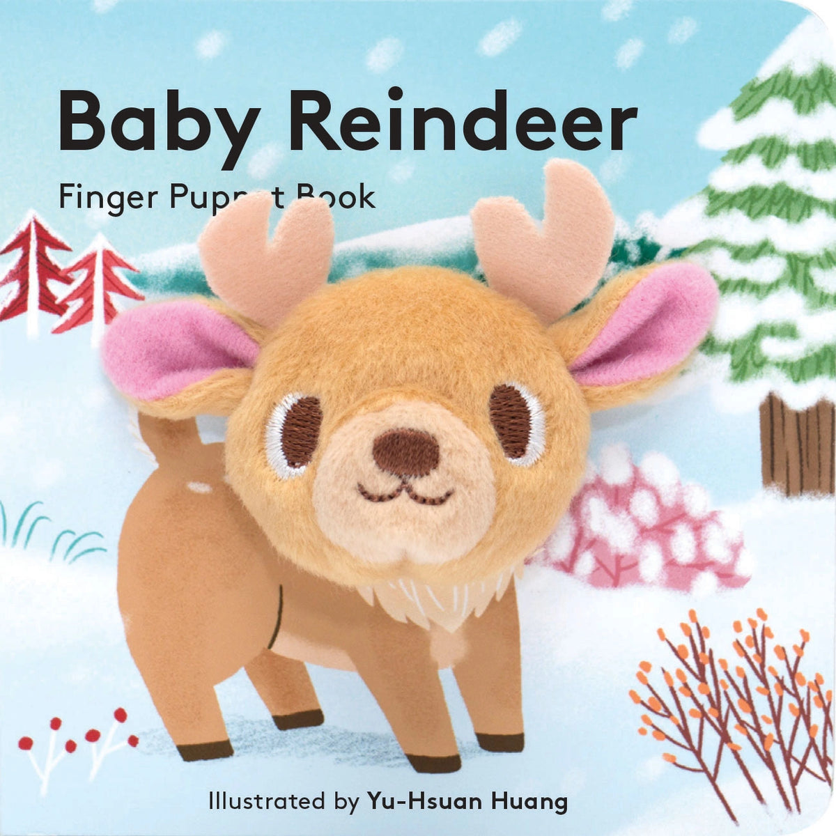 baby reindeer finger puppet book with a soft plush reindeer head and a winter scene cover