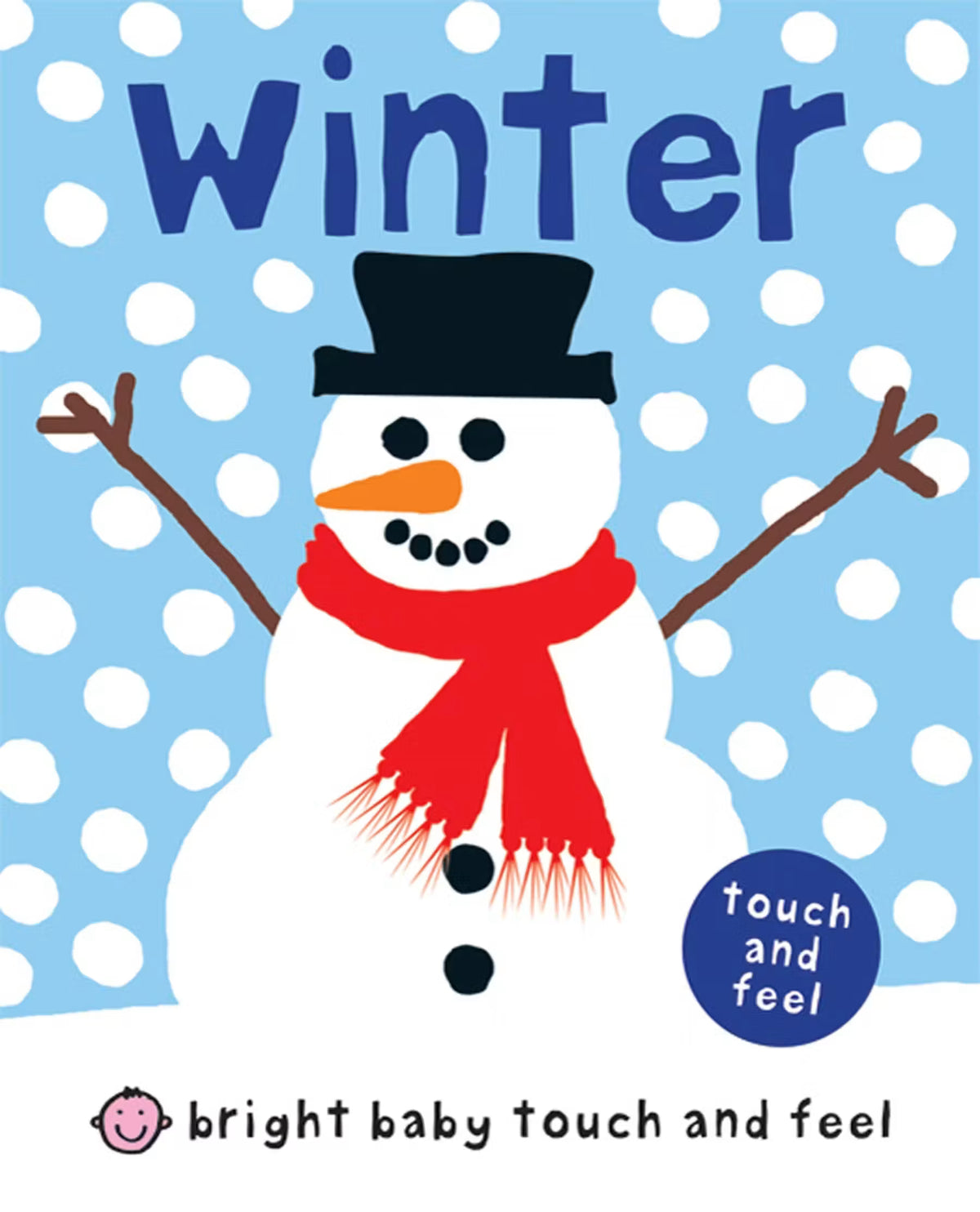 Book cover of 'Winter' with a snowman illustration on a blue polka dot background.