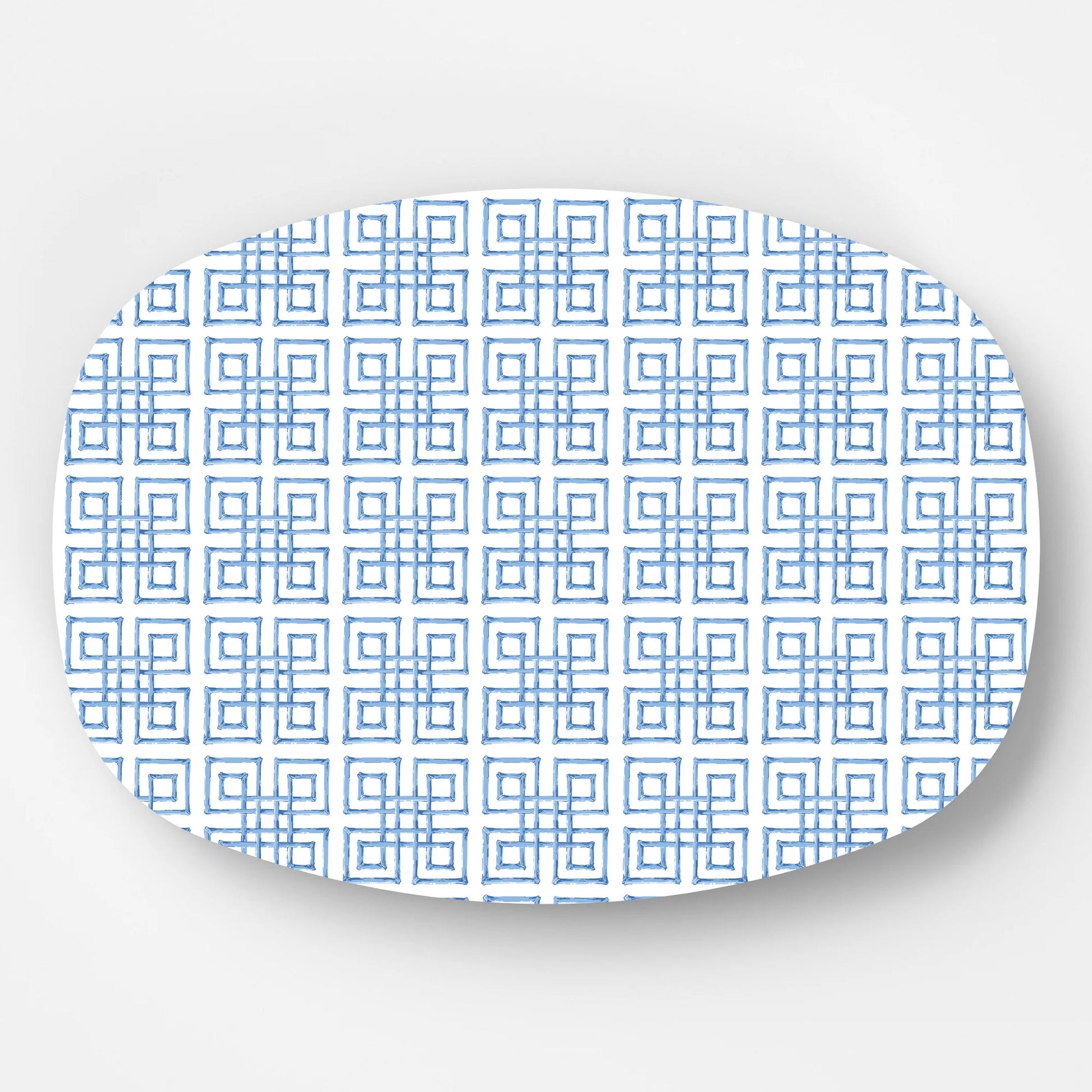 Patterned melamine serving platter with blue geometric design 