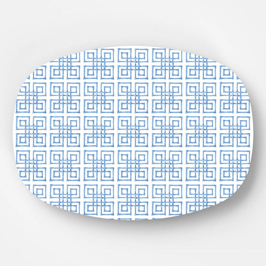 Patterned melamine serving platter with blue geometric design 