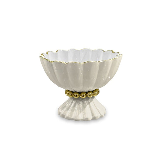 A cream and white colored mini pedestal bowl with gold pearl details and a gold spoon, crafted from aluminum alloy with a food-safe enamel finish.