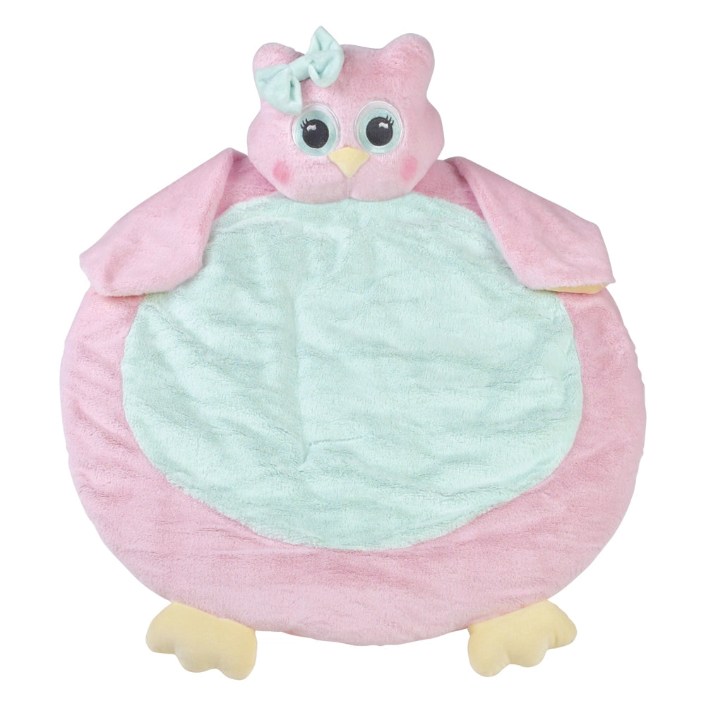 A pink plush owl-shaped baby belly blanket with a mint green center panel, large cartoon eyes, a small yellow beak, and a mint green bow on the head.