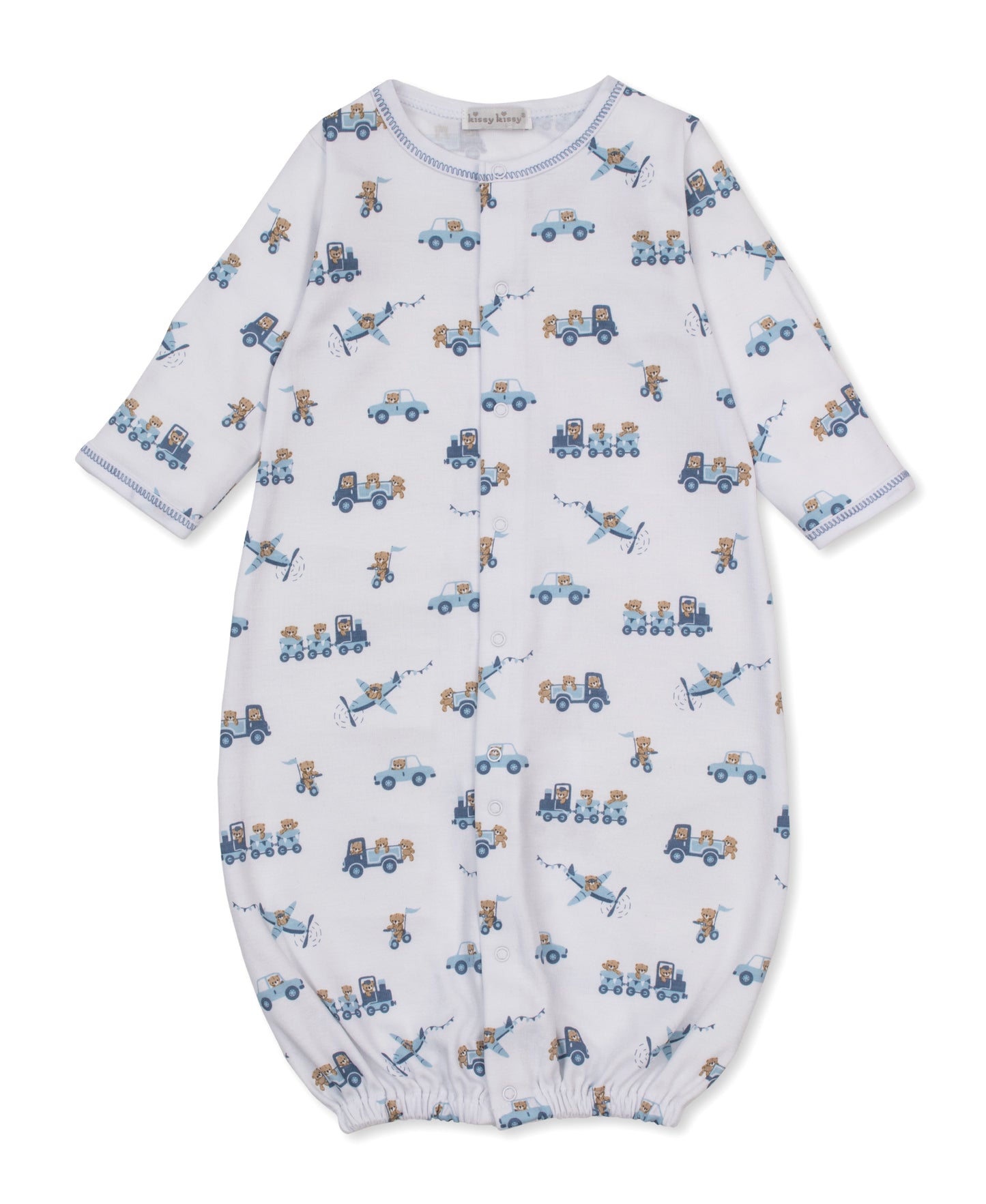convertible gown with a white background and a blue and tan print featuring bears riding various forms of transportation.