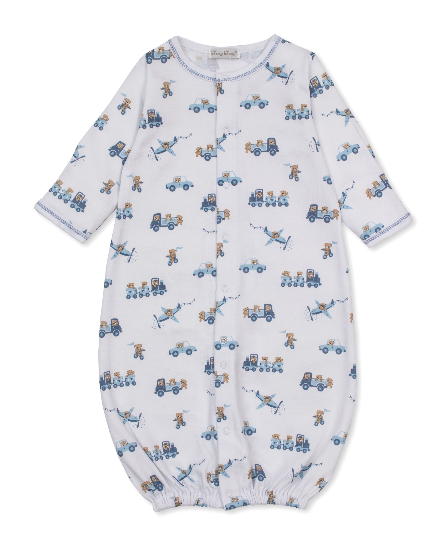 convertible gown with a white background and a blue and tan print featuring bears riding various forms of transportation.