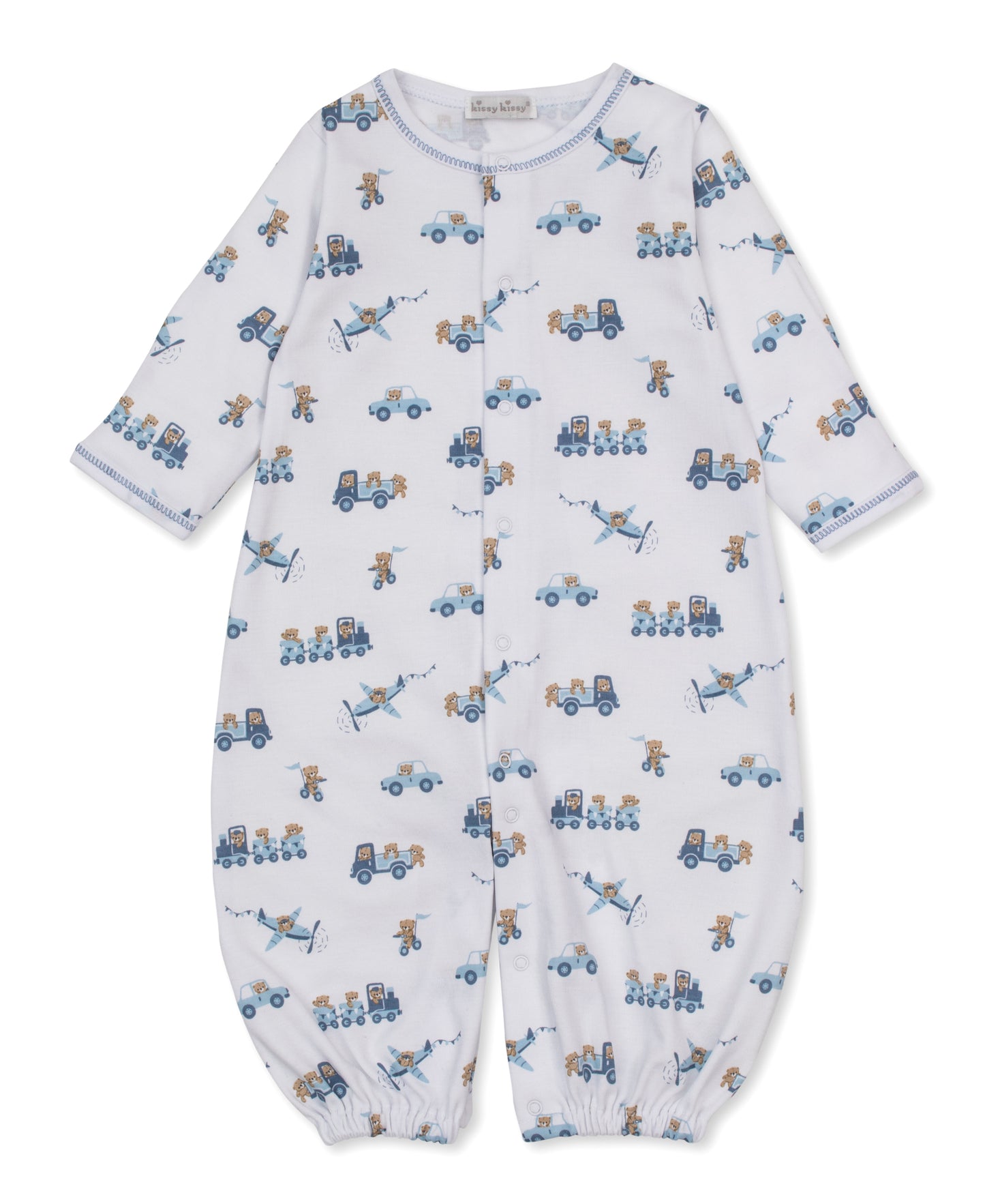 Baby onesie with a vehicle pattern featuring bears in planes, cars and trains.