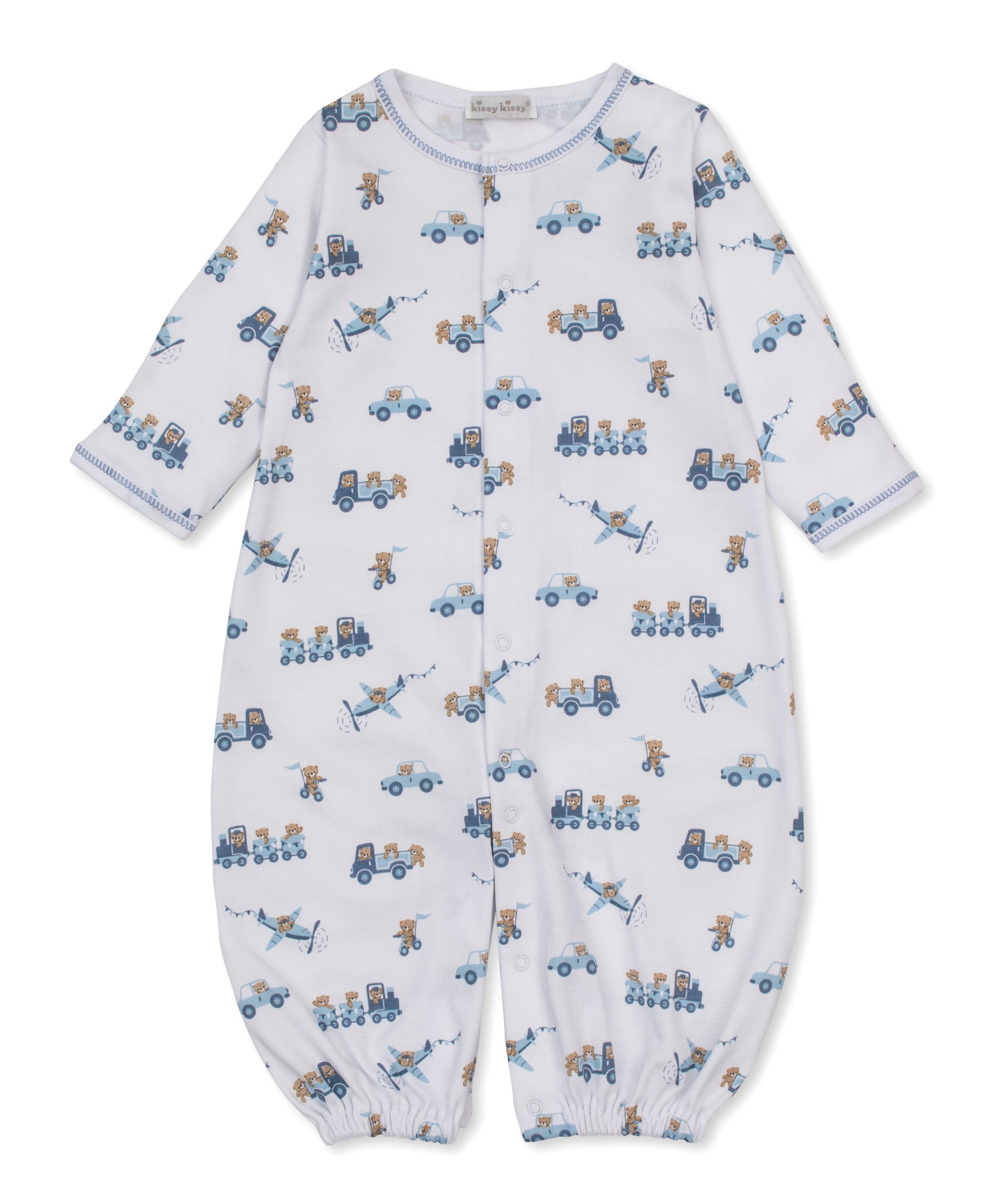 Baby onesie with a vehicle pattern featuring bears in planes, cars and trains.