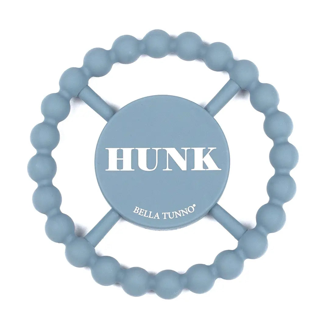 blue beaded teether with the text Hunk in the middle by bella tunno