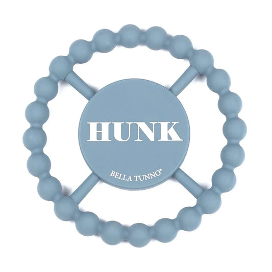 blue beaded teether with the text Hunk in the middle by bella tunno