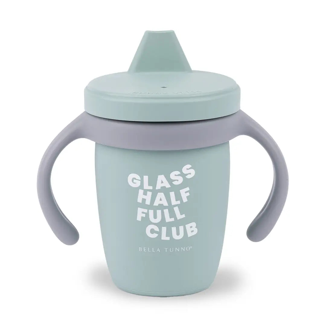 blue silicone soppy cup with handles and the text Glass Half Full Club