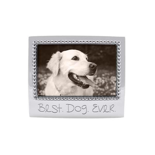 Silver frame with a beaded border and 'Best Dog Ever' text containing a black and white photo of a dog.