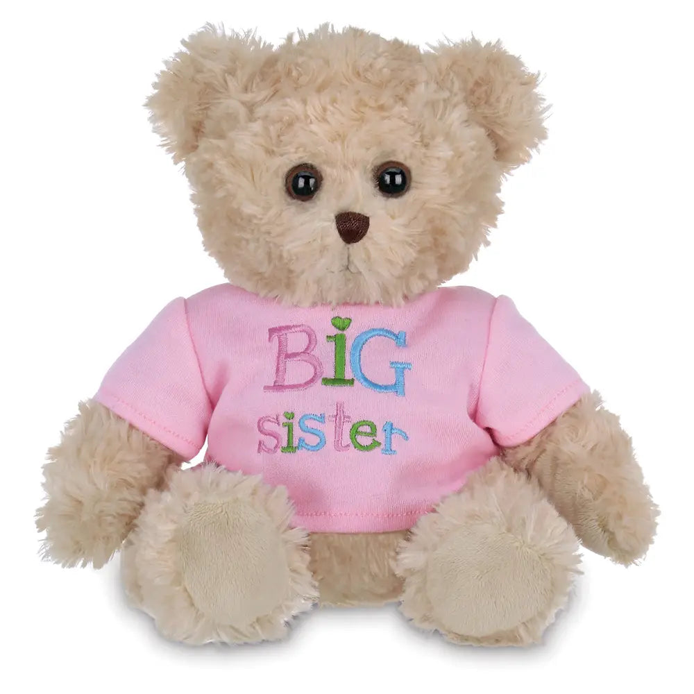 tan plush bear wearing a pink shirt with the words Big Sister on the front