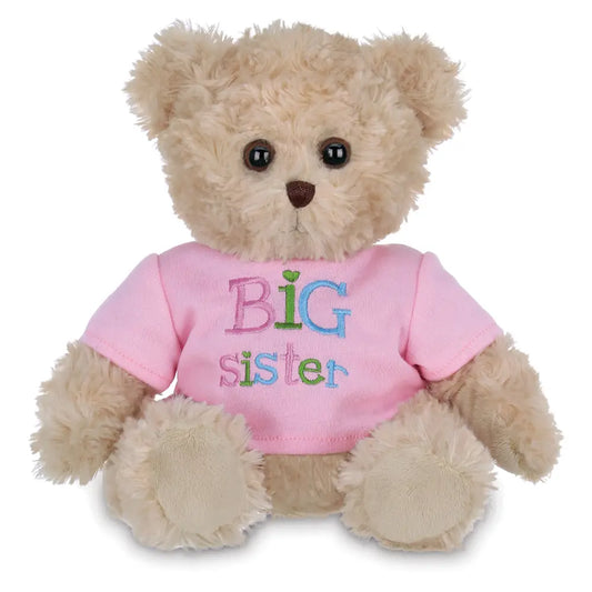 tan plush bear wearing a pink shirt with the words Big Sister on the front