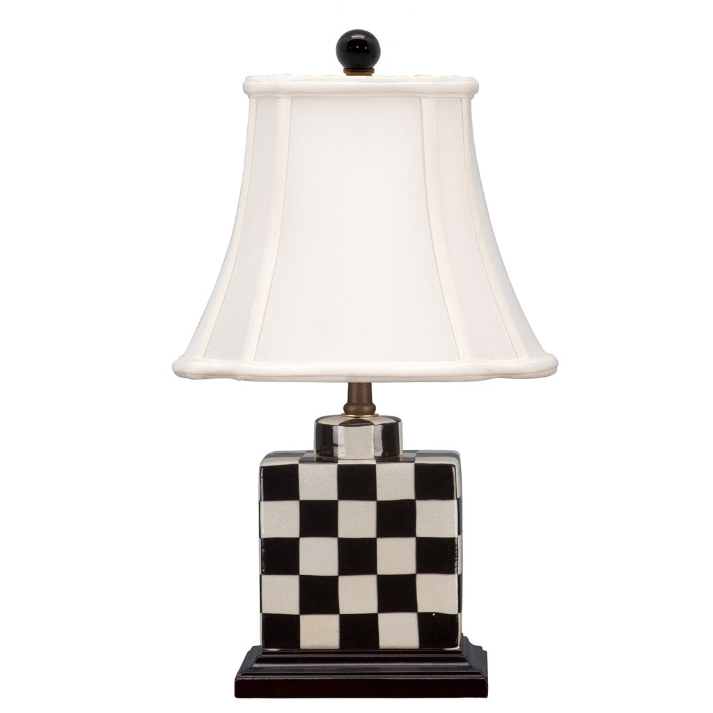 box lamp with a black and white checked porcelain base