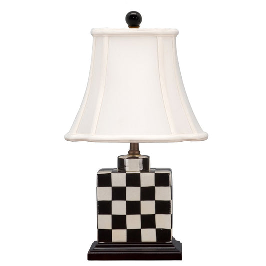 box lamp with a black and white checked porcelain base