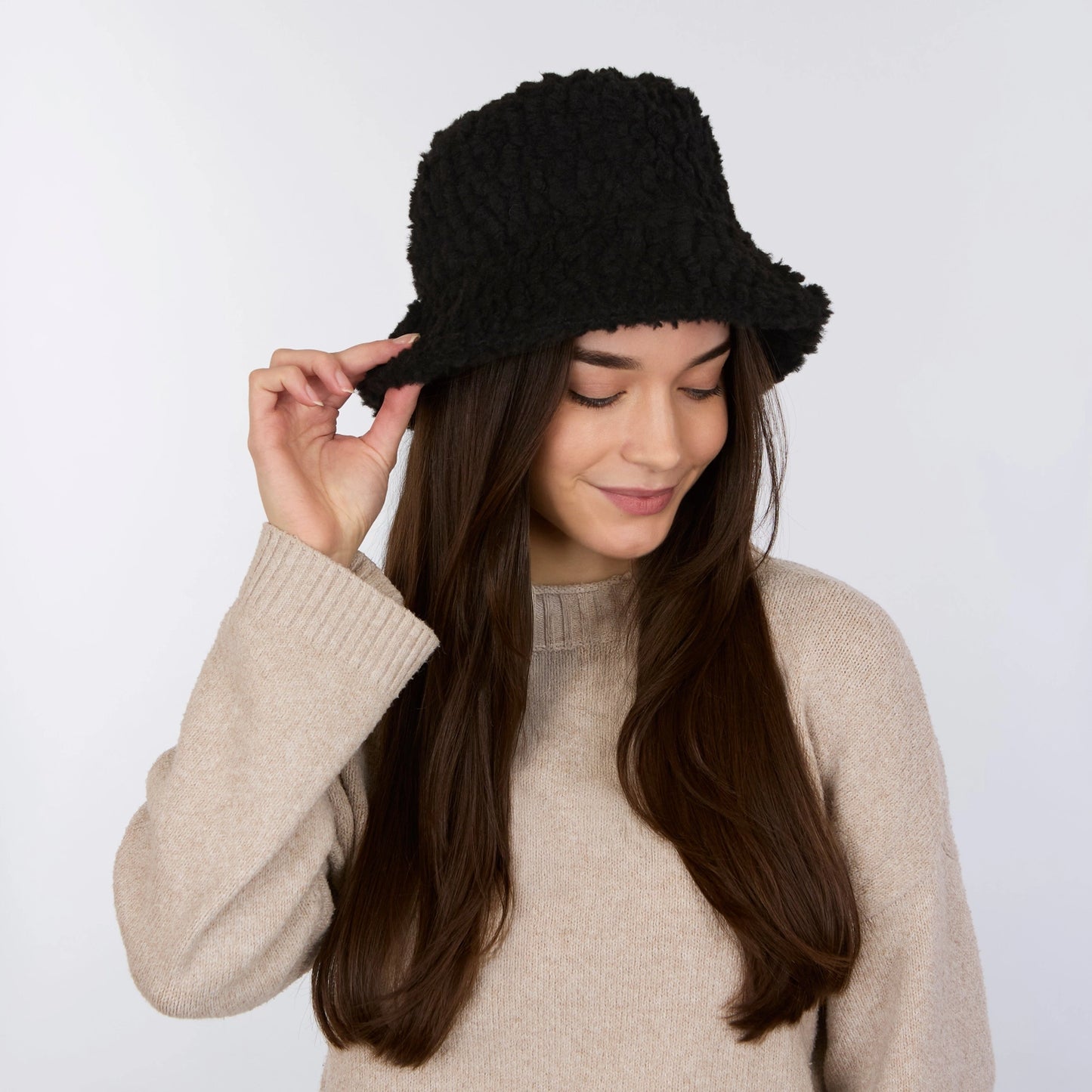 black bucket hat with a sherpa texture