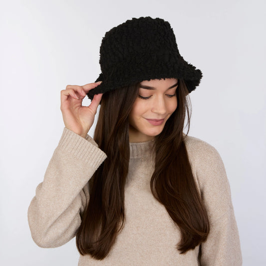 black bucket hat with a sherpa texture