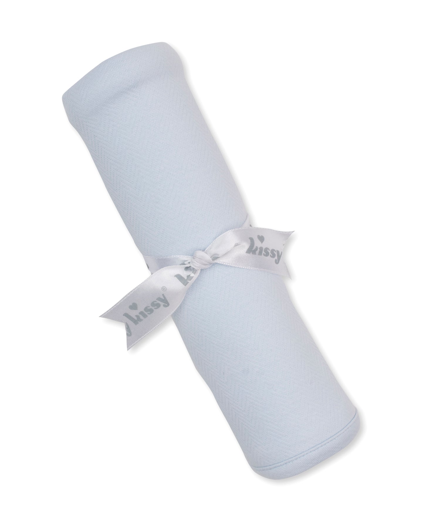 blue jacquard baby blanket tied with a kissy kissy ribbon