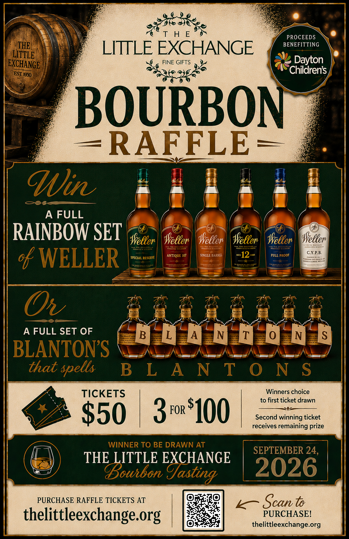 Promotional poster for The Little Exchange Bourbon Raffle, featuring bottles of bourbon and Blanton's whiskey, ticket pricing, draw date information, and a QR code for ticket purchase.