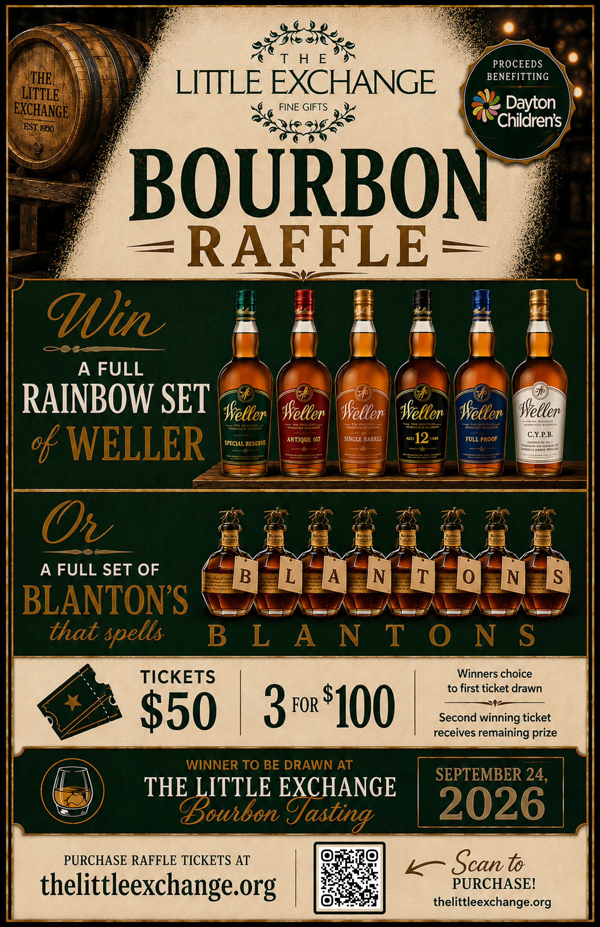 Promotional poster for The Little Exchange Bourbon Raffle, featuring bottles of bourbon and Blanton's whiskey, ticket pricing, draw date information, and a QR code for ticket purchase.