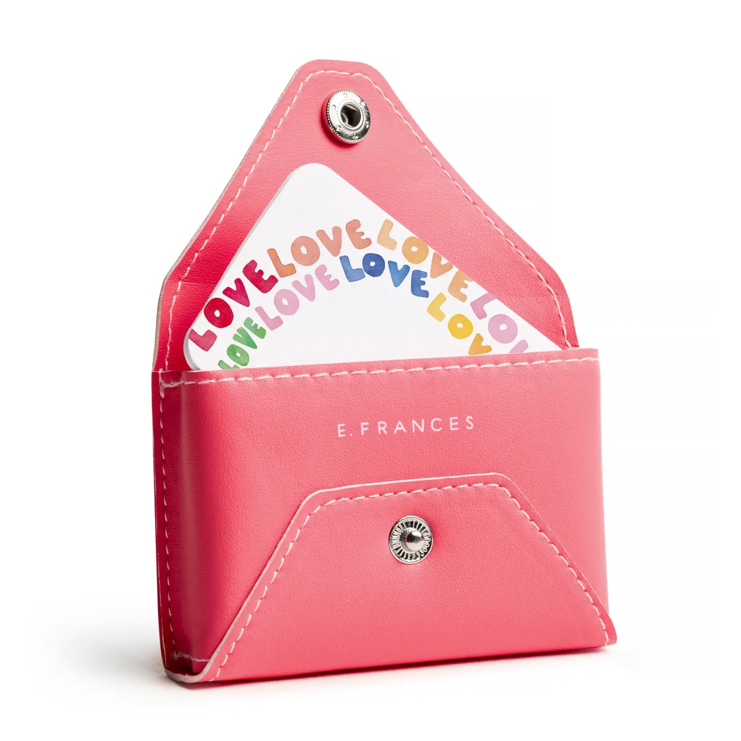 Pink cardholder with 'LOVE' note cards and brand name E Francis